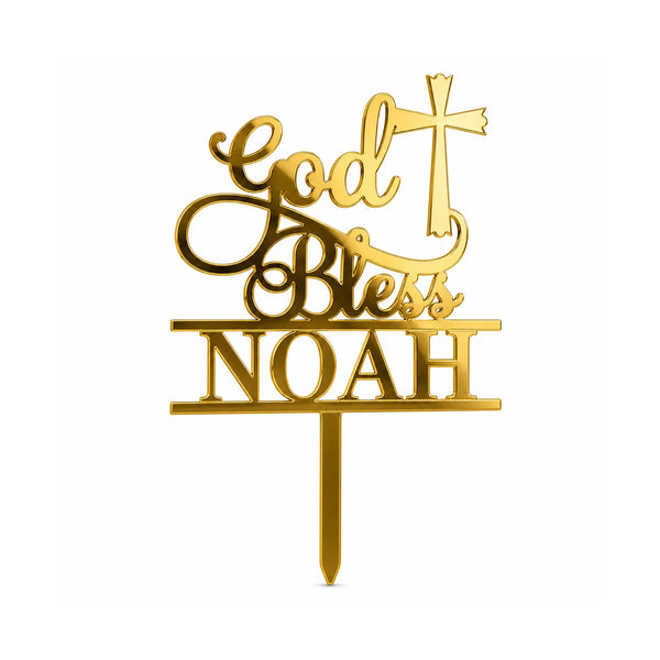 Personalized God Bless Cake Topper in Gold Mirror Acrylic with Cross