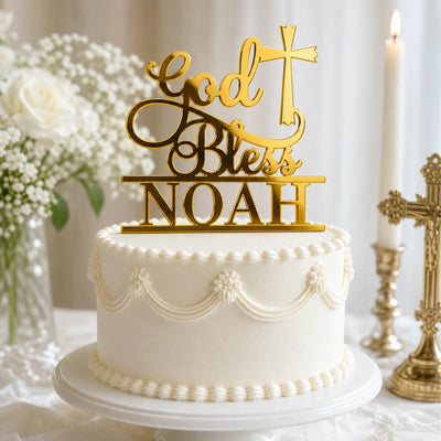 Custom God Bless Baptism Cake Topper on Christening Cake with Cross Decor