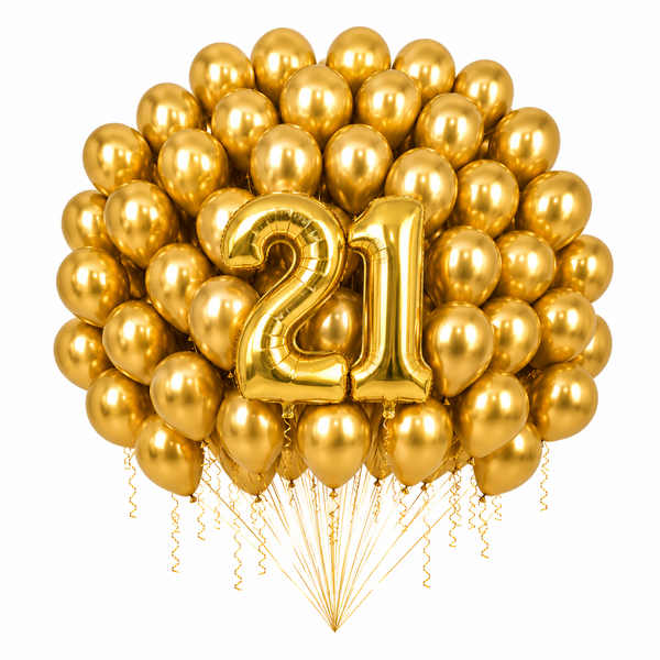 Gold 21st Birthday Balloon Bouquet Kit with 40-inch number balloons and 50 gold latex balloons