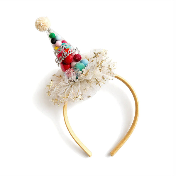 Gold Girls Birthday Mini Hat Headband with Glitter Tulle and Pom Pom Accent