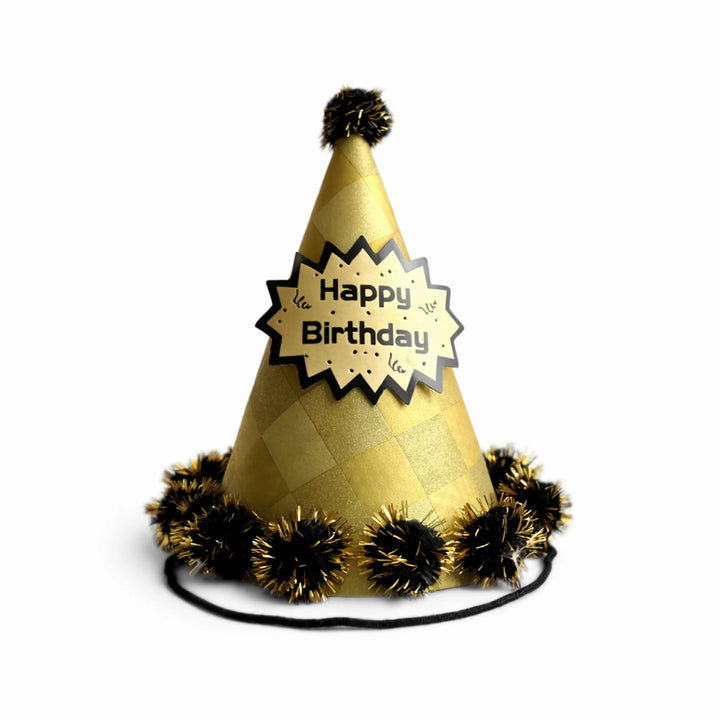 Gold Checkered Happy Birthday Party Hat with Black Pom Pom Trim