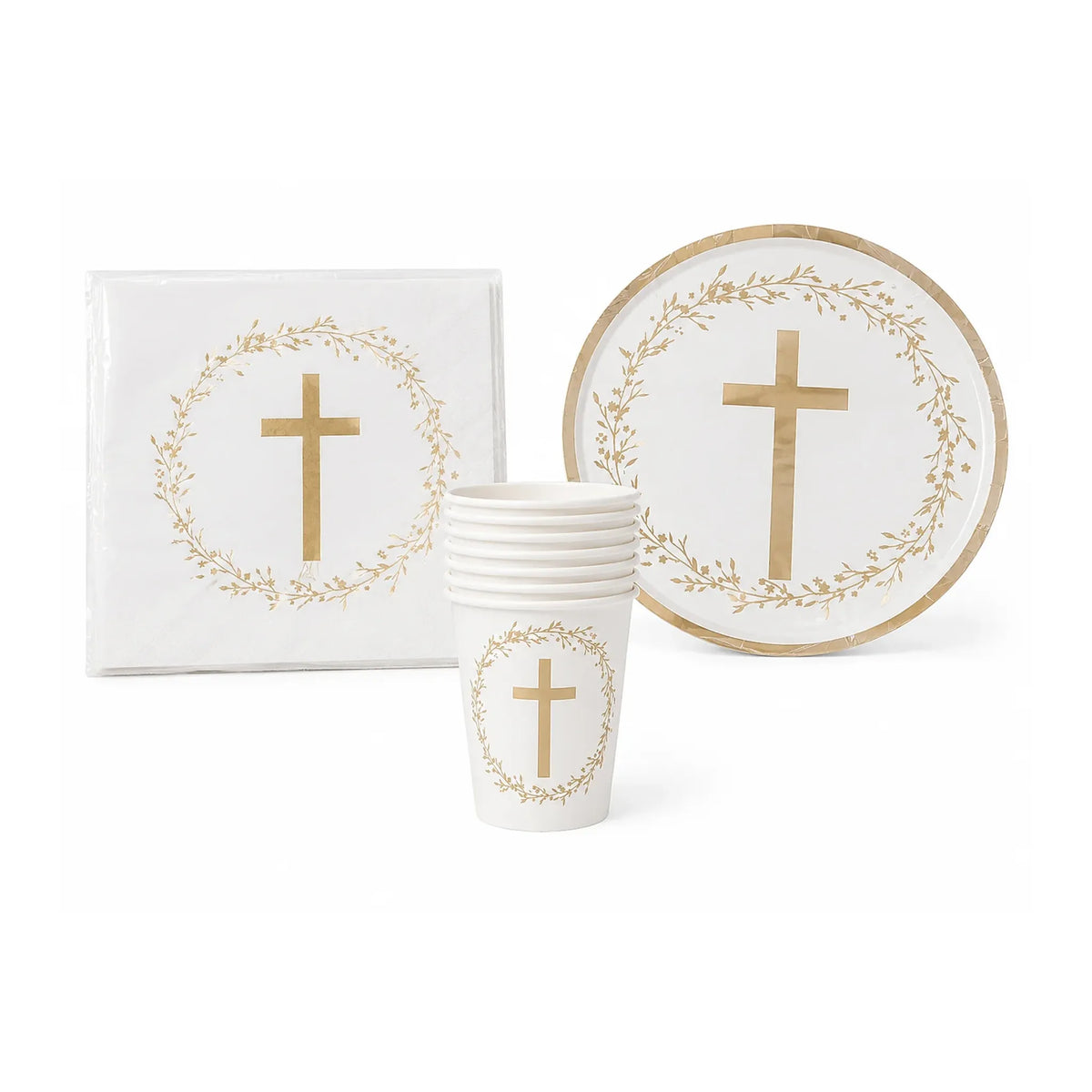 Gold Cross Baptism Tableware Set for 8 with 6.7-inch plates, 8oz cups, and napkins