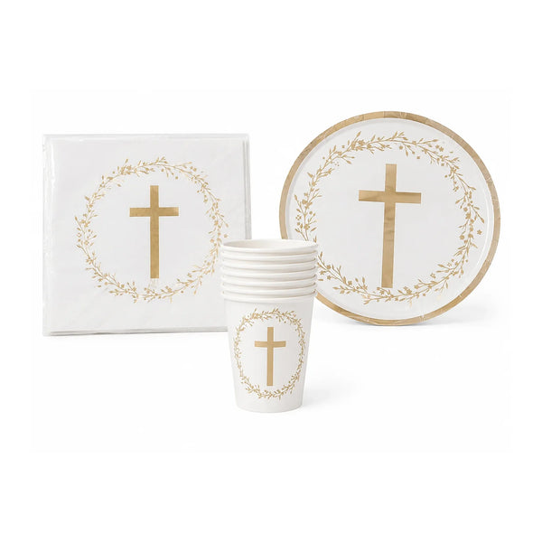 Gold Cross Baptism Tableware Set for 8 with 6.7-inch plates, 8oz cups, and napkins