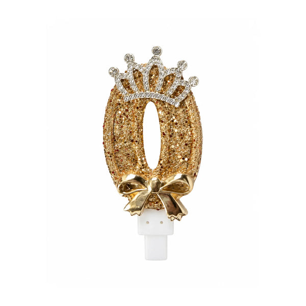 Gold Crown Number 0 Birthday Candle – Glitter Cake Candle with Bow