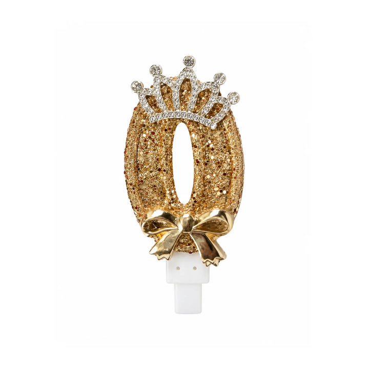 Gold Crown Number 0 Birthday Candle – Glitter Cake Candle with Bow