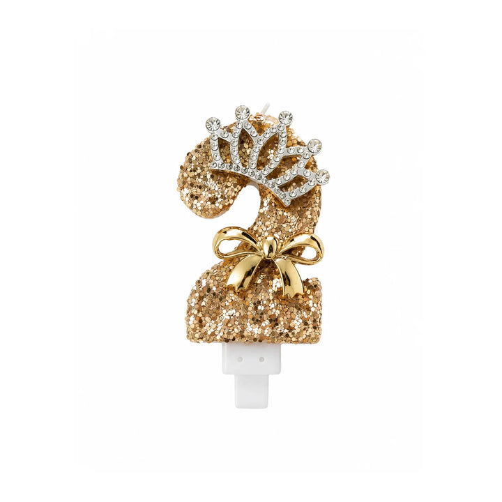 Gold Crown Number 2 Birthday Candle – Glitter Cake Candle with Bow