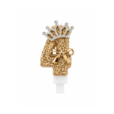 Gold Crown Number 4 Birthday Candle – Glitter Cake Candle with Bow