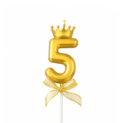Gold Crown Number Birthday Candle 5 – Gold Cake Candle with Bow