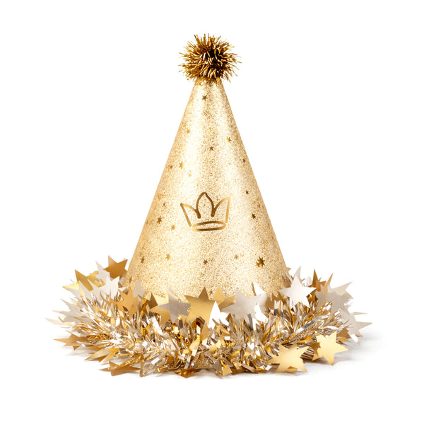 Gold Glitter Birthday Party Hat with Metallic Star Garland and Pom Pom Topper