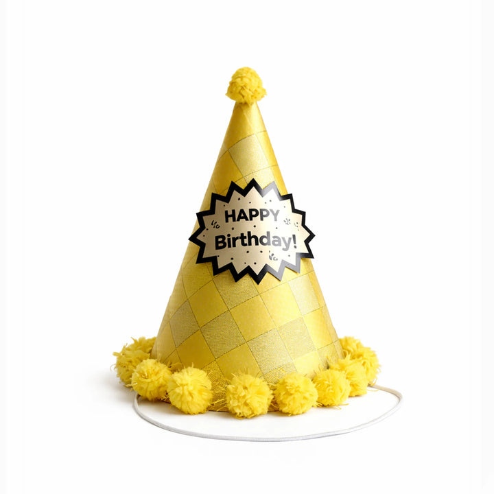 Gold Happy Birthday Party Hat with Blue Pom Pom Trim and Metallic Finish