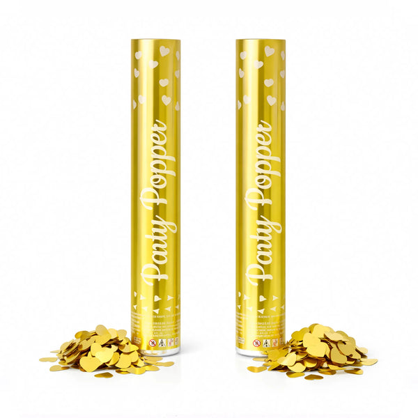 Gold Heart Confetti Party Popper Cannon with Metallic Gold Heart Confetti