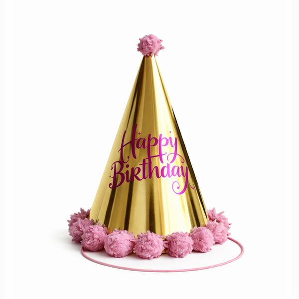 Gold Metallic Birthday Party Hat with Pink Pom Pom Trim and Happy Birthday Design