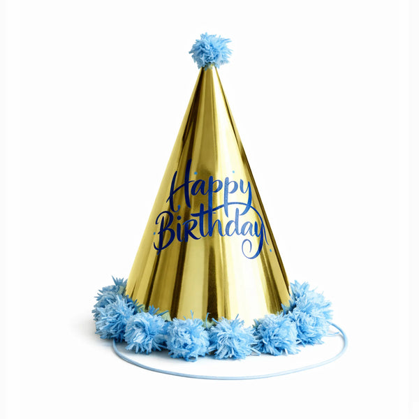Gold Metallic Happy Birthday Party Hat with Blue Pom Pom Trim