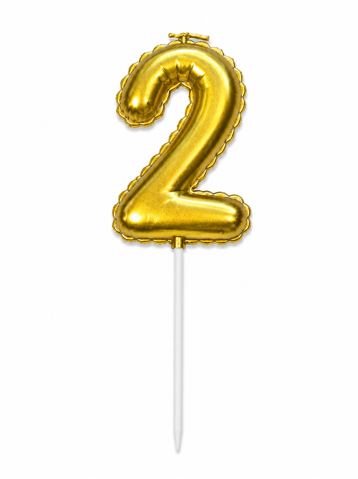 Gold Number 2 Birthday Candle, Balloon-Style Cake Candle