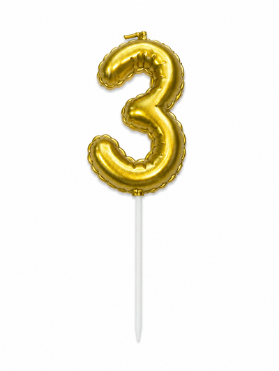 Gold Number 3 Birthday Candle, Balloon-Style Cake Candle