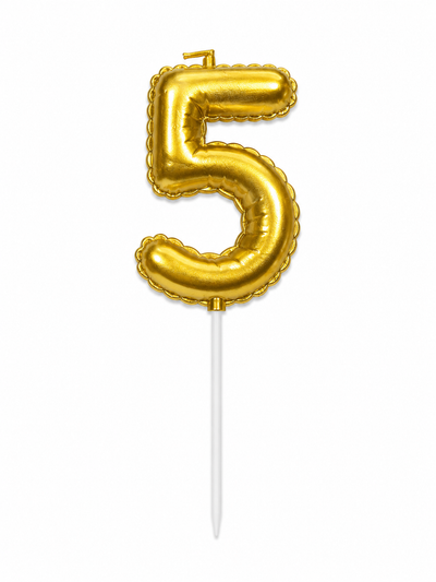 Gold Number 5 Birthday Candle, Balloon-Style Cake Candle