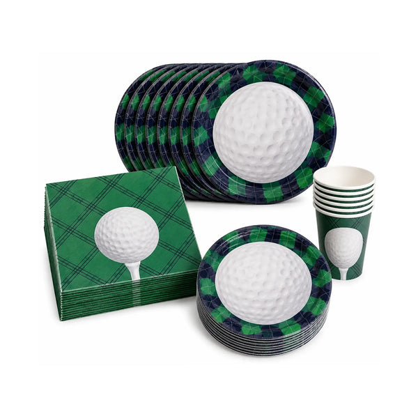 Golf Party Tableware Set for 8 with Green Plaid Plates, Cups, and Napkins