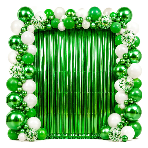 Green Metallic Foil Fringe Curtain Backdrop for Holiday and Party Decorations