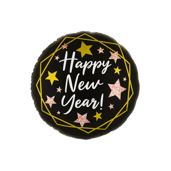 Happy New Year Starry Black Foil Balloon with pink and gold stars, 18-inch