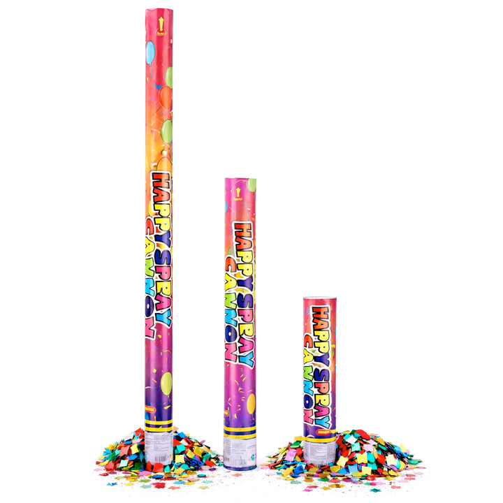 Happy Spray Confetti Cannon Party Poppers in 11-Inch, 22-Inch, and 38-Inch Sizes
