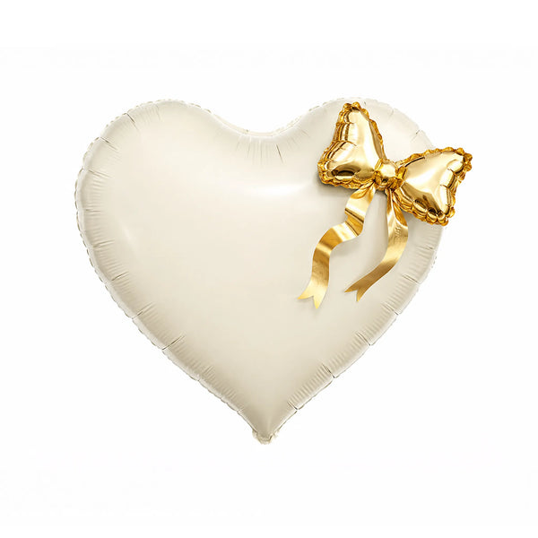 Ivory Heart Foil Balloon with Gold Bow, 35.4 x 22.4-inch – Bridal Shower and Wedding Balloon