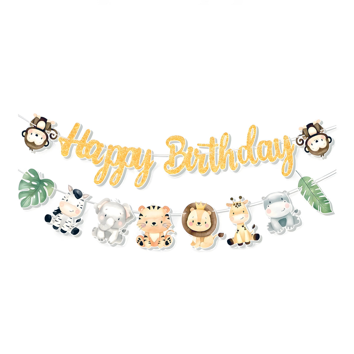 Jungle Animal Happy Birthday Banner with lion, giraffe, and zebra