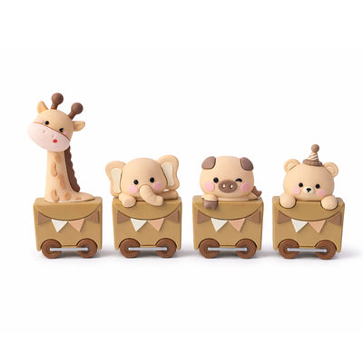 Neutral Brown Jungle Animal Train 3D Cake Topper Set with Engine Giraffe Elephant Pig and Bear