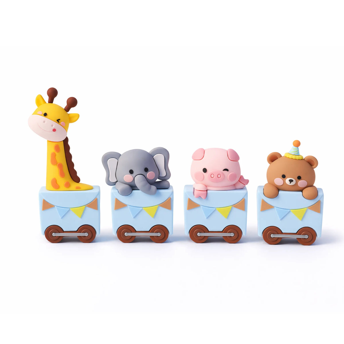 Pastel Blue Jungle Animal Train 3D Cake Topper Set with Engine Giraffe Elephant Pig and Bear
