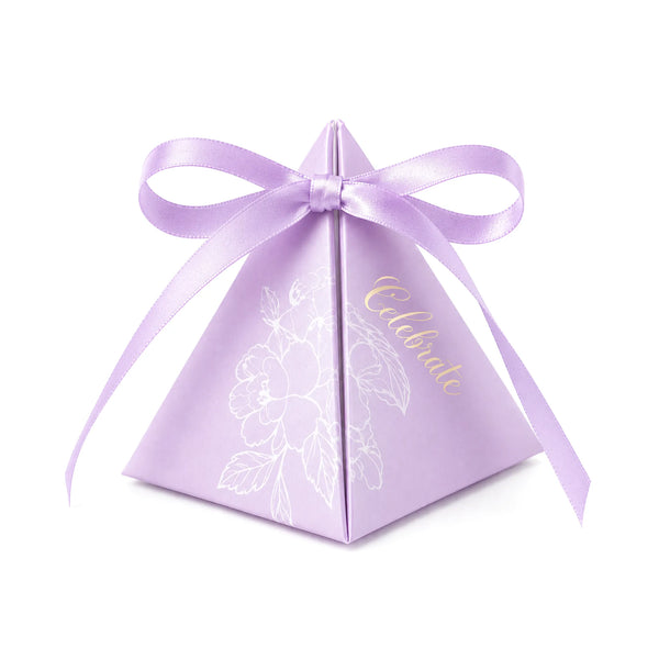 Lavender Pyramid Party Favor Box With Satin Ribbon for Weddings and Bridal Showers