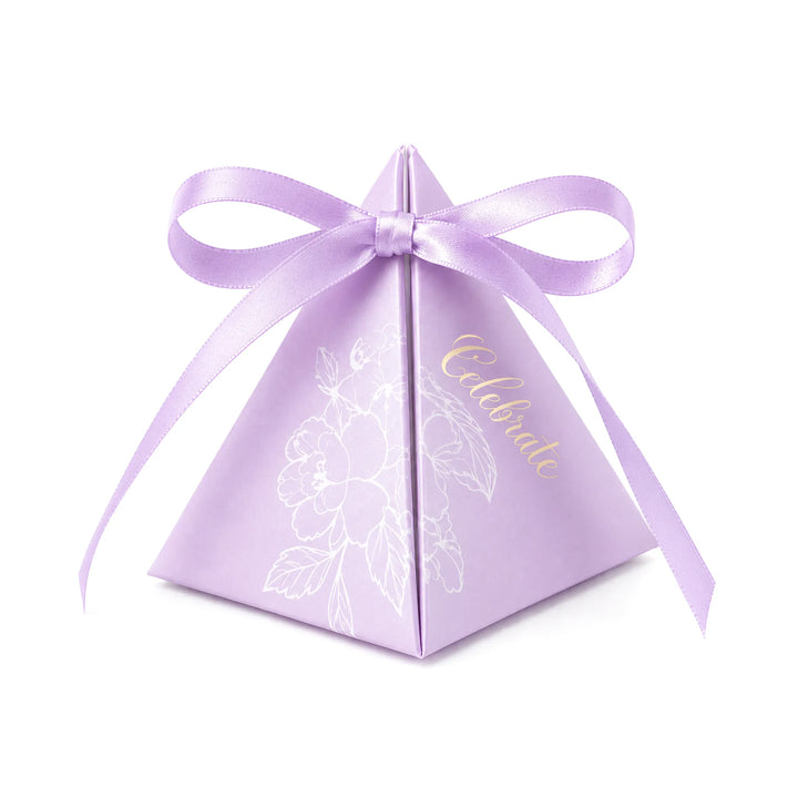 Lavender Pyramid Party Favor Box With Satin Ribbon for Weddings and Bridal Showers