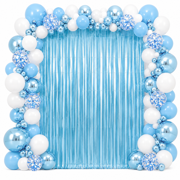 light blue Foil Fringe Curtain Backdrop for Holiday and Party Decorations