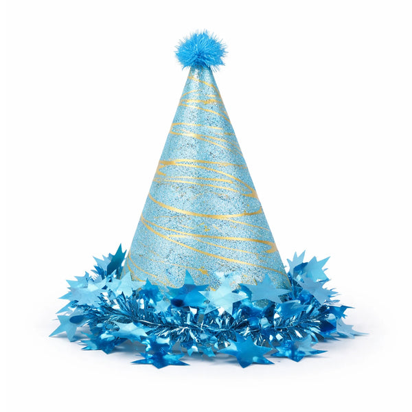 Light Blue Glitter Birthday Party Hat with Metallic Star Trim and Pom Pom Topper