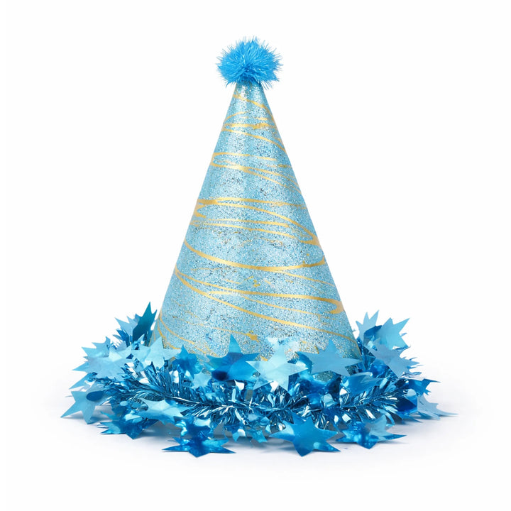 Light Blue Glitter Birthday Party Hat with Metallic Star Trim and Pom Pom Topper