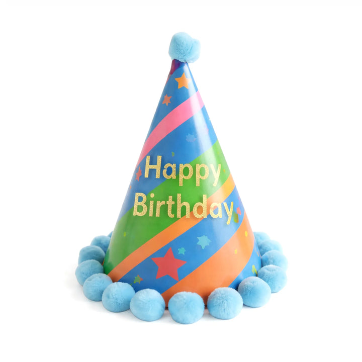 Light Blue Striped Happy Birthday Party Hat with Blue Pom Pom Border