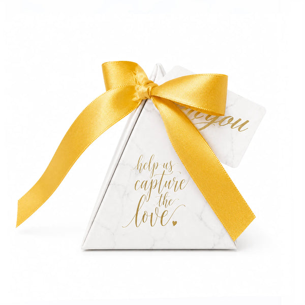 Marble Pyramid Party Favor Box With Gold Satin Ribbon and Elegant Gold Foil Script