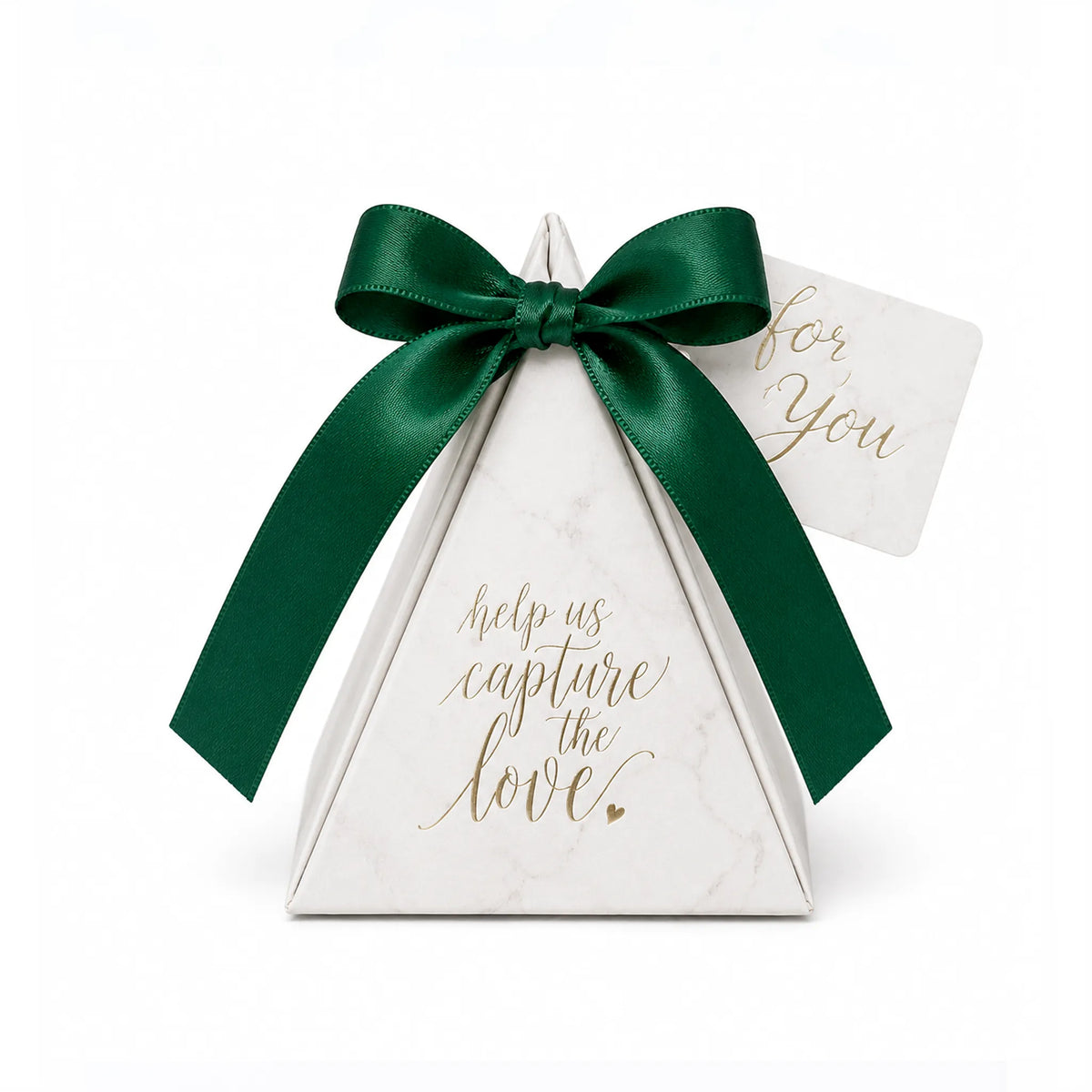 Marble Pyramid Party Favor Box With Green Satin Ribbon for Wedding Guest Favors