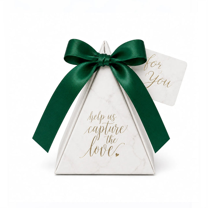 Marble Pyramid Party Favor Box With Green Satin Ribbon for Wedding Guest Favors