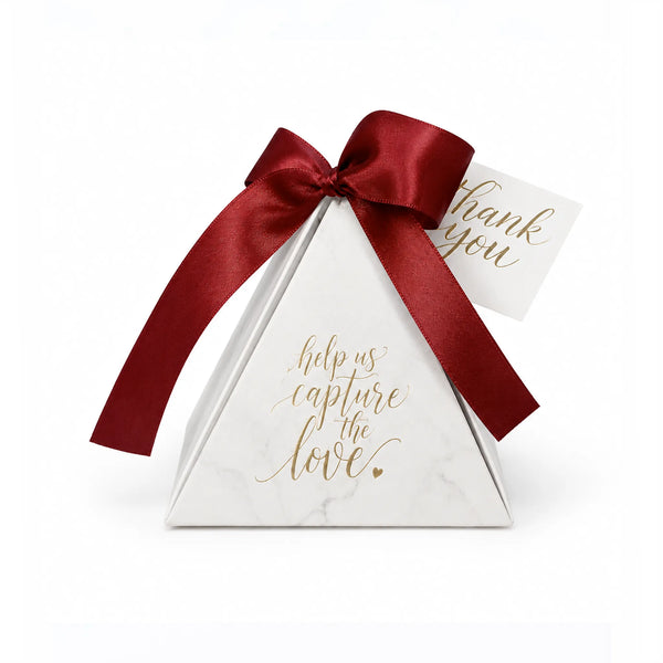Marble Pyramid Party Favor Box With Red Satin Ribbon and Gold Foil Wedding Design