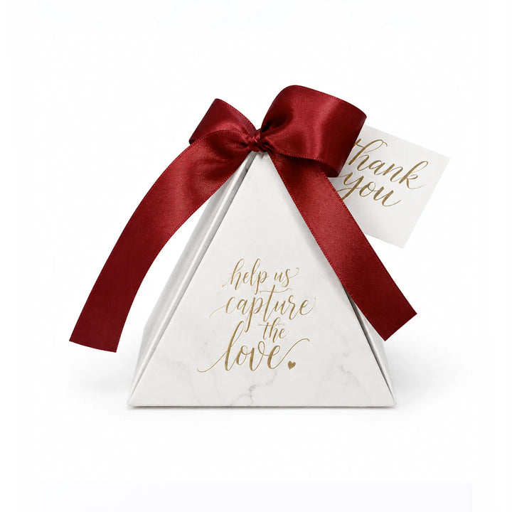 Marble Pyramid Party Favor Box With Red Satin Ribbon and Gold Foil Wedding Design