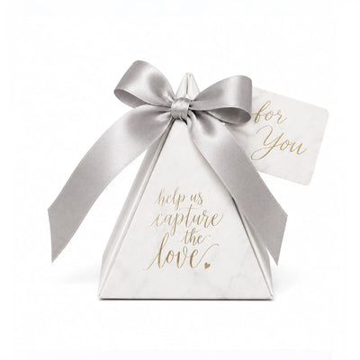 Marble Pyramid Party Favor Box With Silver Satin Ribbon for Bridal Shower and Wedding Favors