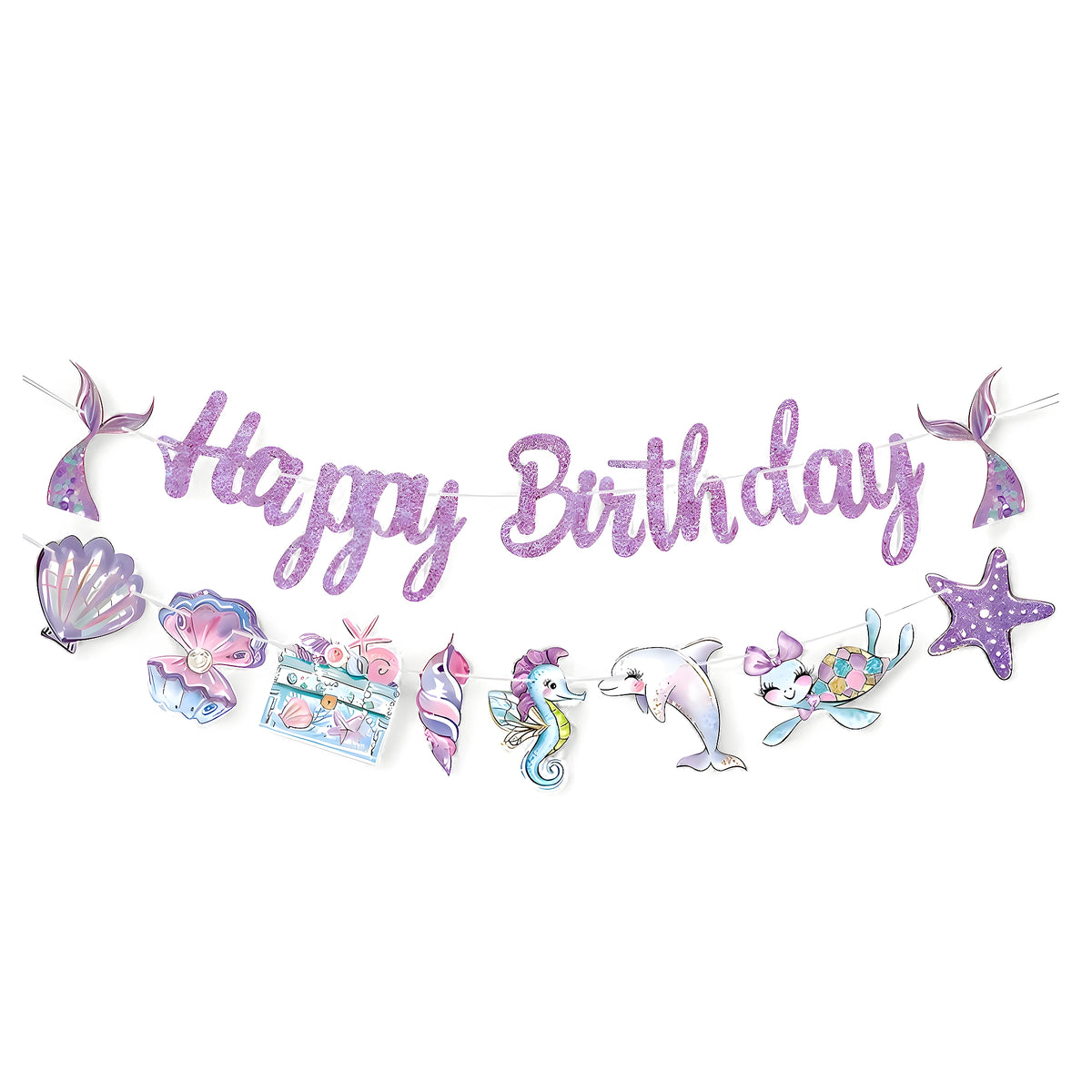 Mermaid Paper Birthday Banner with seashells, dolphins, and starfish