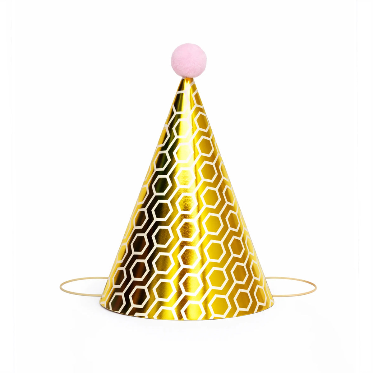 Metallic Gold Honeycomb Birthday Party Hat with Pink Pom Pom Topper