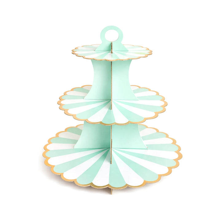 Mint Striped 3 Tier Cupcake Stand with Gold Trim for Baby Showers and Party Desserts