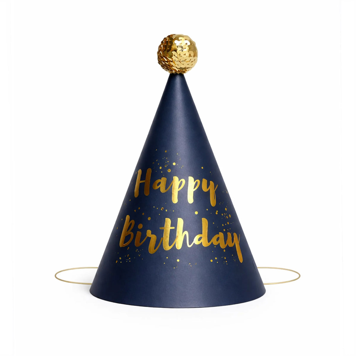 Navy Blue Happy Birthday Party Hat with Gold Foil Lettering and Gold Pom Pom Topper
