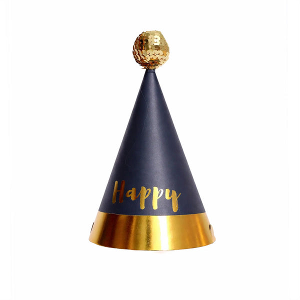 Navy Blue Happy Birthday Party Hat with Metallic Gold Trim and Glitter Pom Pom Topper