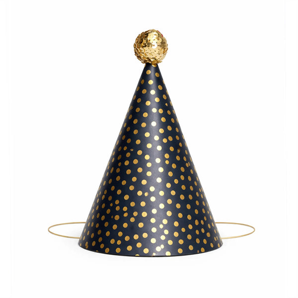 Navy Blue Birthday Party Hat with Metallic Gold Polka Dots and Gold Glitter Pom Pom Topper