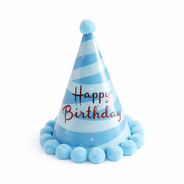 Light Blue Striped Happy Birthday Party Hat with Blue Pom Pom Border