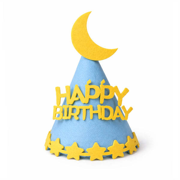 Pastel Blue Felt Happy Birthday Party Hat with Moon Topper and Star Trim