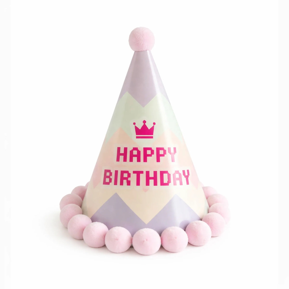 Pastel Chevron Happy Birthday Party Hat with Pink Pom Pom Trim and Crown Design