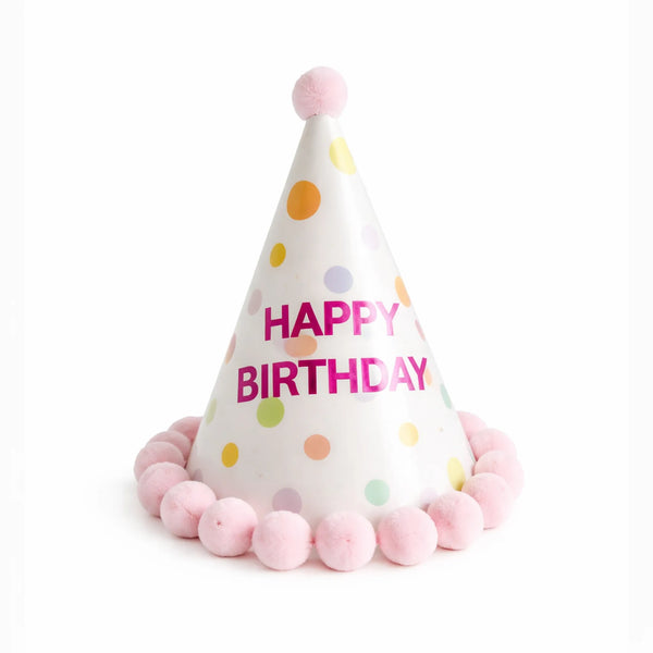 Pastel Confetti Happy Birthday Party Hat with Pink Pom Pom Trim